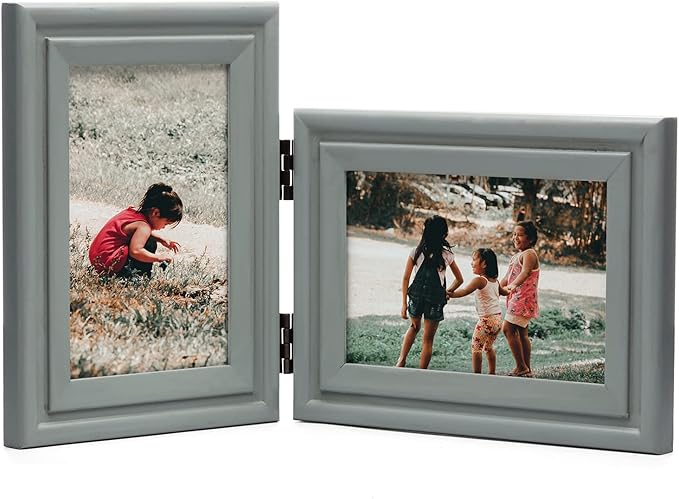 Vertical & Horizontal 4X6 Picture Frames Double Hinged Wood Folding Photo Frames with Real Glass Front Fit for Desktop or Tabletop, Gray XHUI-V46-H64