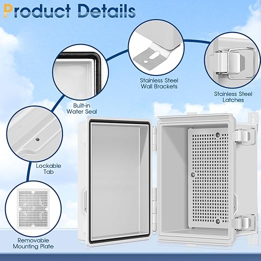 Waterproof Outdoor Project ABS Plastic Junction Box IP67 Weatherproof Dustproof Enclosure with Hinged Cover, Mounting Plate,Wall Brackets for Power Project (10.2"X6.3"X3.9")
