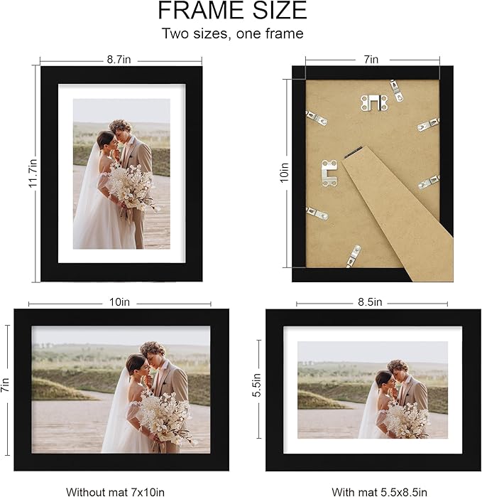 7x10 Picture Frame Set of 4, Made of Real Glass and Black Frame - Display Picture 5.5x8.5 with Mat or 7x10 Without Mat, 7 by 10 Photo for Wall or Tabletop