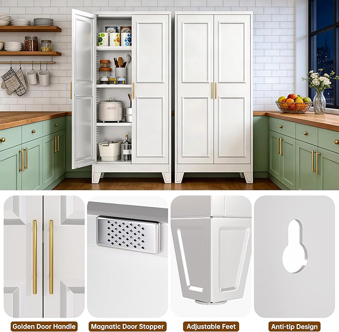 61.49''H Metal Pantry Storage Cabinet with 3 Adjustable Shelves,Farmhouse Kitchen Pantry Cabinet with 2 Doors for Home Kitchen,White, Assemble Required,13.7" D x 27.5" W x 61.4" H
