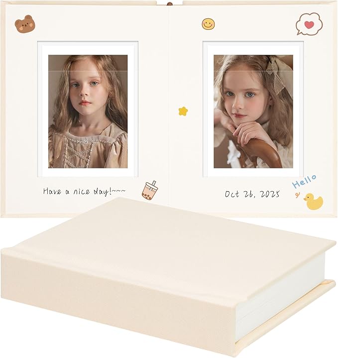 Vienrose Polaroid Photo Album with Writing Space – 2x3 Photo Album for Instax Mini & Polaroid Go, 26 Pockets Wedding Travel Scrapbook, Small Linen Album for Instant Photos, Beige