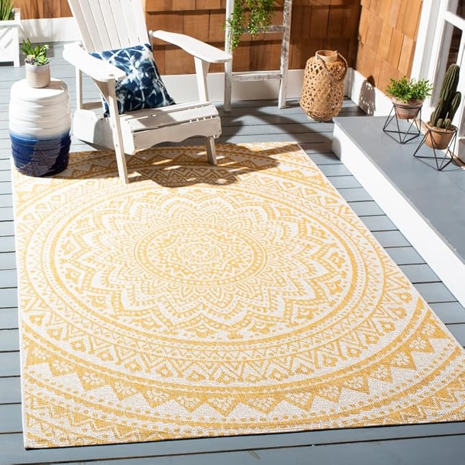 SAFAVIEH Courtyard Collection 6'7" x 9'6" Ivory/Gold CY8734 Indoor/ Outdoor Waterproof Easy Cleaning Patio Backyard Mudroom Area Rug