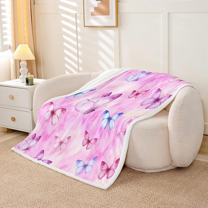Feelyou Girls Butterfly Fleece Throw Blanket Throw 50"x60" Kids Tie Dye Watercolor Sherpa Blanket Plush Fuzzy for Bed Couch Chair Living Room, Dreamy Girly Bed Blanket Pink Room Decor