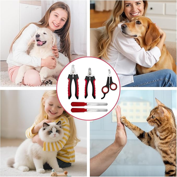 5Pcs Dogs and Cats Grooming Nail Clippers Kit Pet Claws Nail Clipper Trimmers, with Protective Guard Lock to Avoid Over Cutting, Professional Trimmers for Large and Small Cat and Dog (Red and Black)