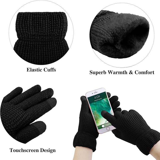 Aneco Womens Winter Warm Sets Knitted Fur Pompoms Beanie Hat Circle Loop Scarf Touch Screen Gloves Winter Favor Accessories