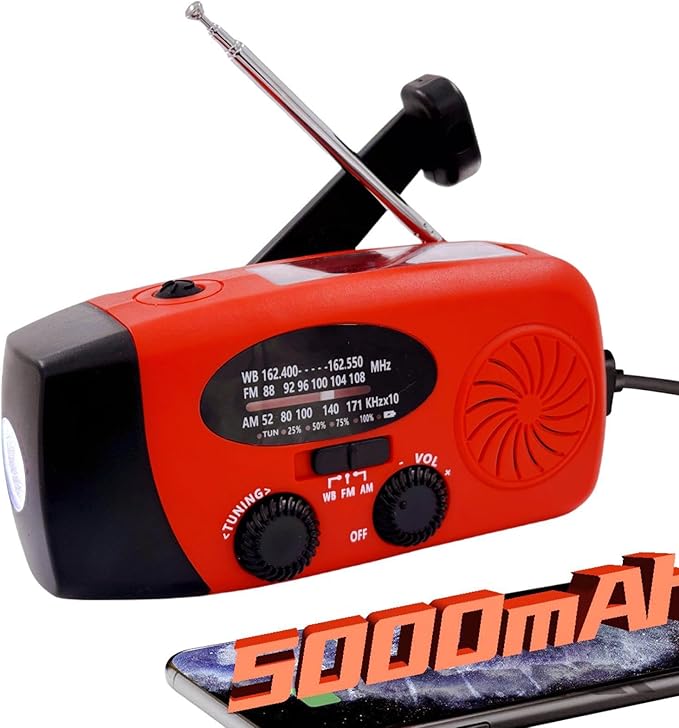 Solar Emergency Hand Crank Weather Radio, Portable Self Powered NOAA AM/FM Radios with SOS Alarm LED Flashlight 5000mAh Smart Phone USB Charger for Camping (Red)