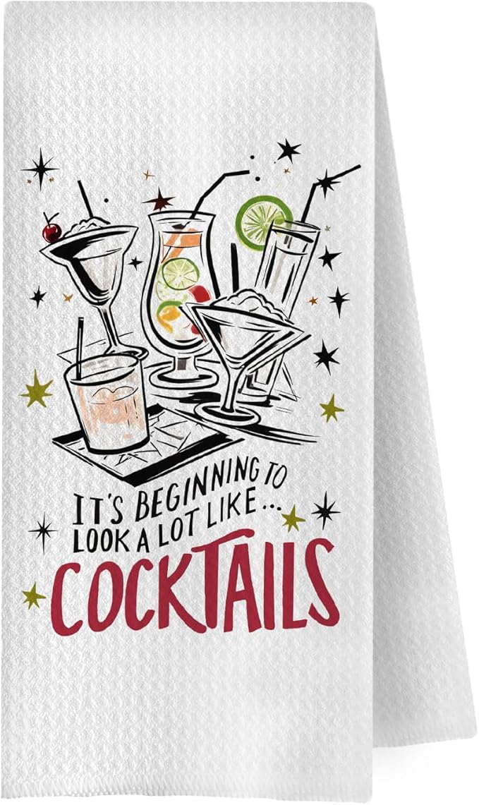 Funny Cocktail Kitchen Towels - Cocktail Gifts Decorative Waffle Weave Dish Towels, Bar Cart Decor Hand Towel Tea Towel, 16x24 Inch