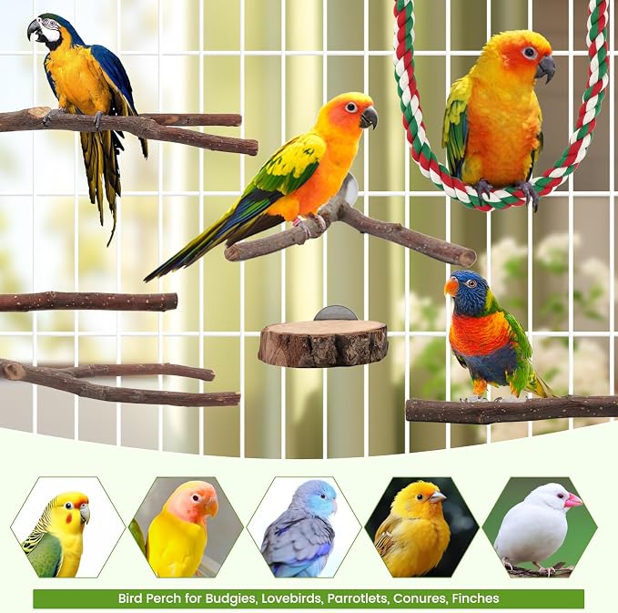 9 Pcs Apple Wood Bird Perch, Platform & Rope Set for Cage | Natural cotton material for foot comfort; natural apple wood for safe chewing; easy tool-free wing-nut setup.