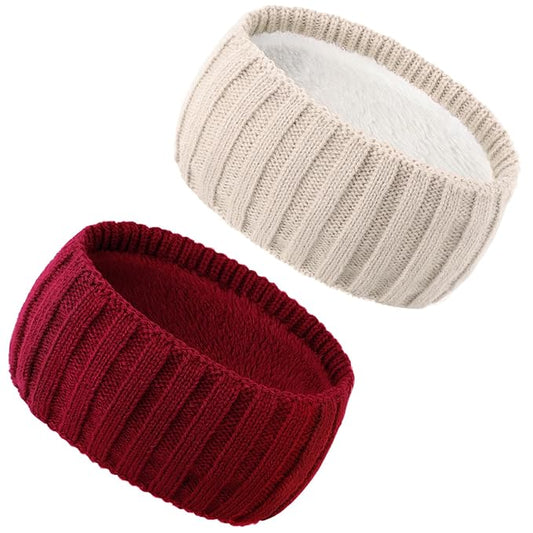 AQOKKA Knit Winter Headbands for Women Fuzzy Wool Fleece Lined Ear Warmers Elastic Turban Crocheted Head Wrap Winter Accessories for Women Cold Weather