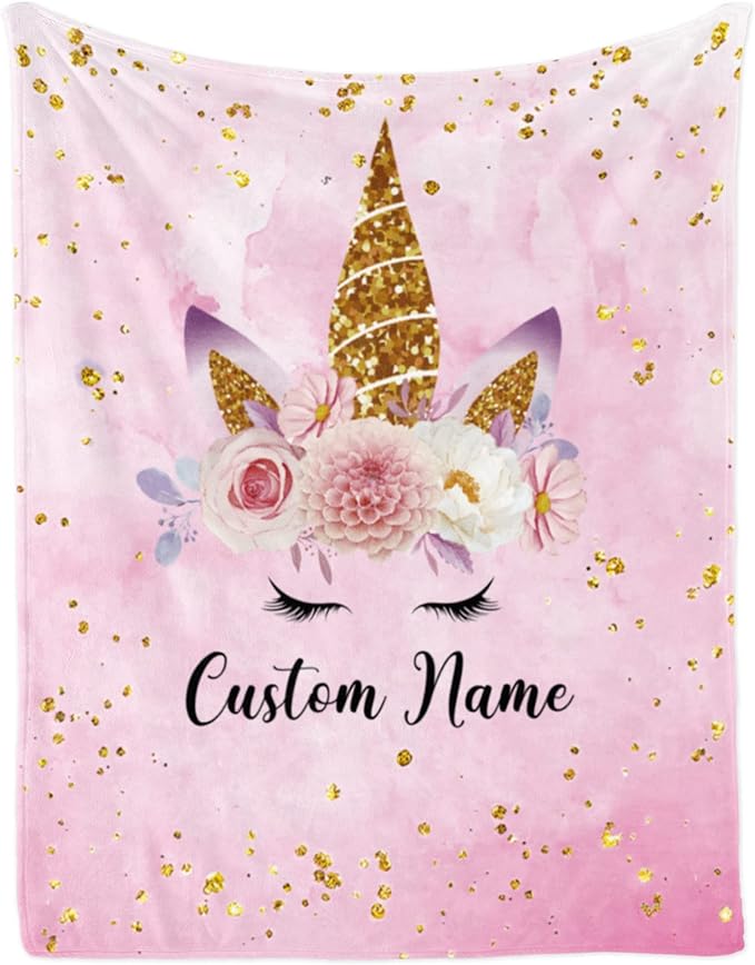 Personalized Unicorn Blanket with Name for Girl, Custom Kids, Soft Flannel Pink Toddler Customized Gift Birthday Christmas Baby Shower Newborn 30'' X 40''