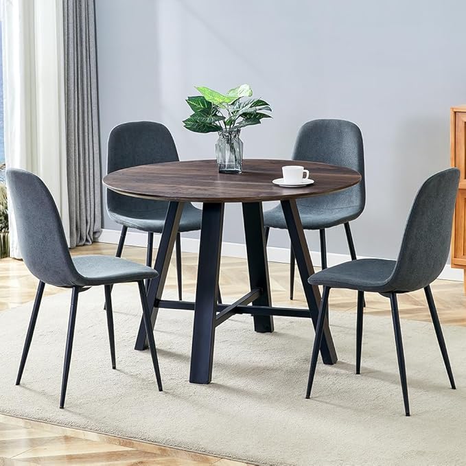 Round Dining Table Set for 4,Wooden Dining Table and Chairs Set of 4,42” Modern Kitchen Table Set,Round Kitchen Table with 4 PU Leather Chairs for Dining Room,Office,Small Space