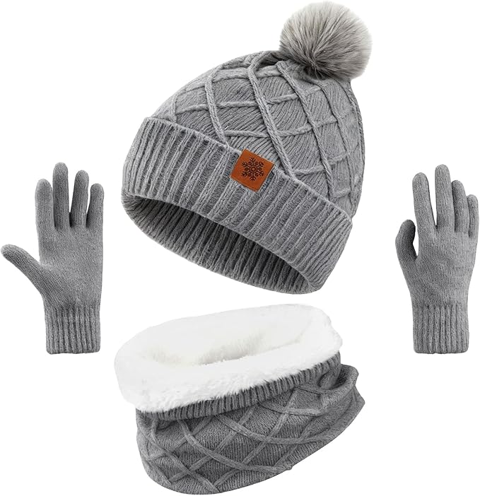 YARIEW Winter Hat Neck Warmer and Gloves Set for Women, Warm Knitted Beanie with Pom Pom, Soft Ear Warmer Scarf, Warm Gloves
