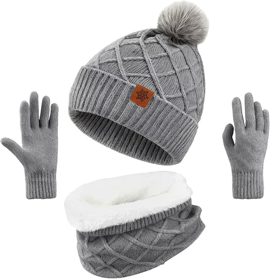YARIEW Winter Hat Neck Warmer and Gloves Set for Women, Warm Knitted Beanie with Pom Pom, Soft Ear Warmer Scarf, Warm Gloves
