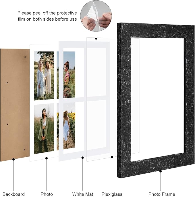 9x13 Picture Frame Display 4 opening 4X6 Picture Frame Collage,Multi Photo Frame with Mat,Plexiglass,Wall or Tabletop Decor,Black Wood Grain