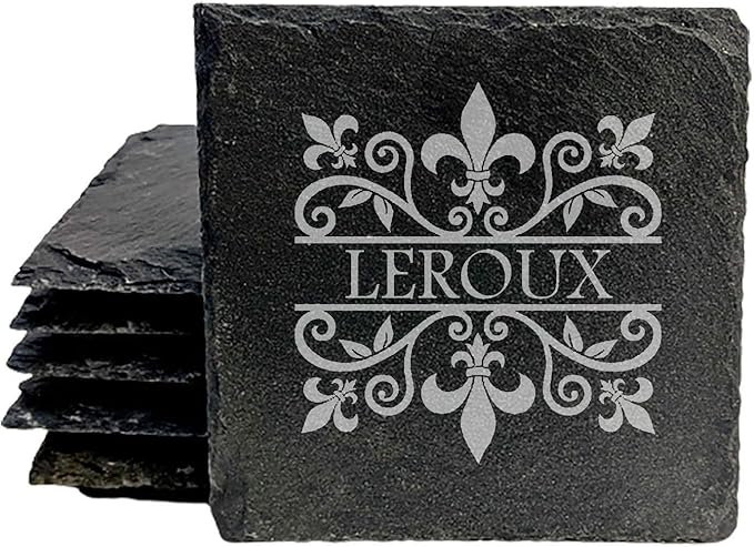 A Touch of Class: Personalized Fleur de Lis Coasters with Monogram - Square Slate - Set of 4