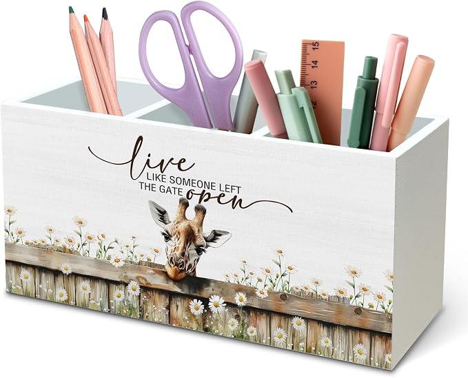 DILSJ Giraffe Inspirational Pen Pencil Holder Organizer For Desk, Giraffe Gifts, Rustic Floral Live Like Someone Left The Gate Open Wooden Box Signs For Home Office Desk Tabletop Decoration