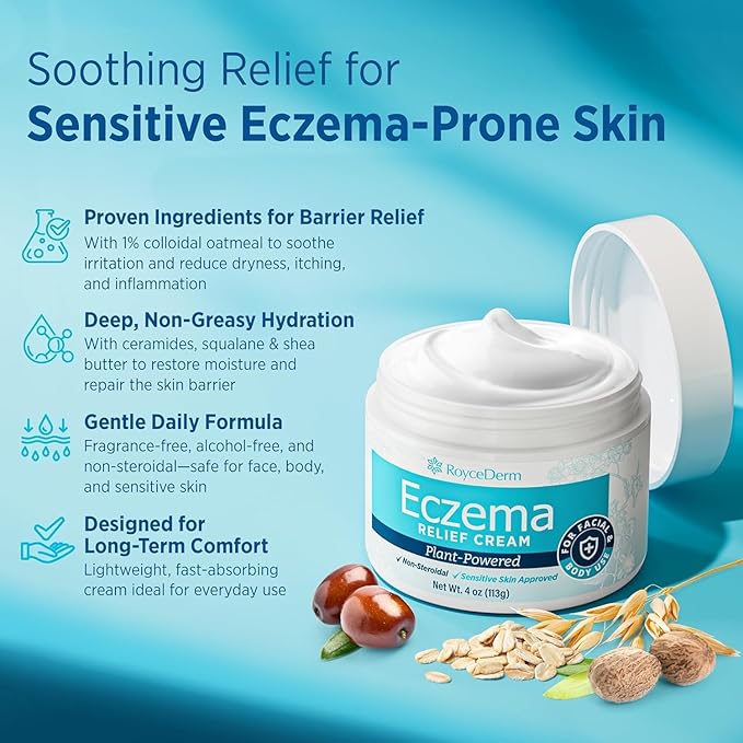 Roycederm Eczema & Psoriasis Cream for Dry, Itchy Skin – Moisturizer for Sensitive Skin, Eczema, Psoriasis & Dermatitis – 1% Colloidal Oatmeal + Ceramides – Steroid-Free for Adults, Kids & Babies