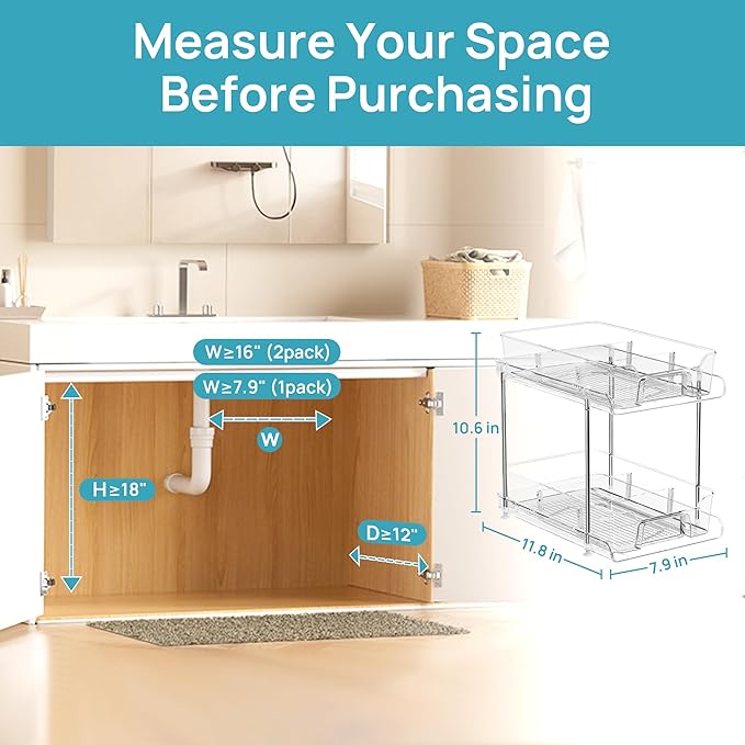 Vtopmart 4 Pack 2 Tier Bathroom Under Sink Organizers and Storage, Clear Kitchen Pantry Organization, Pull Out Medicine Cabinet Organizer with Movable Dividers