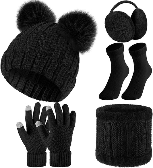 SATINIOR 5 Pcs Winter Hat Scarf Gloves Set Fleece Warm Lined Knit Beanie Hat Touch Screen Earmuff Gloves Warmer for Women(Black,Cute Style)