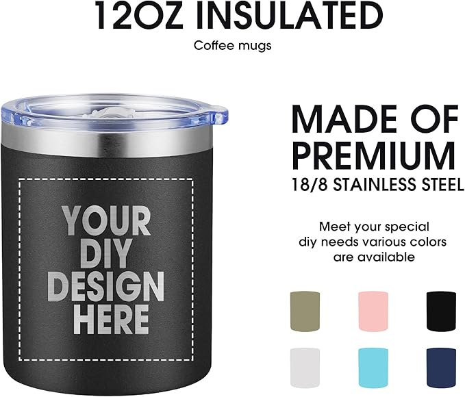Personalized Custom Tumbler Print in USA 12oz Stainless Steel Travel Coffee Cup with Lid & Straw Double Wall Insulated Mug With Colorful Text Logo Photo