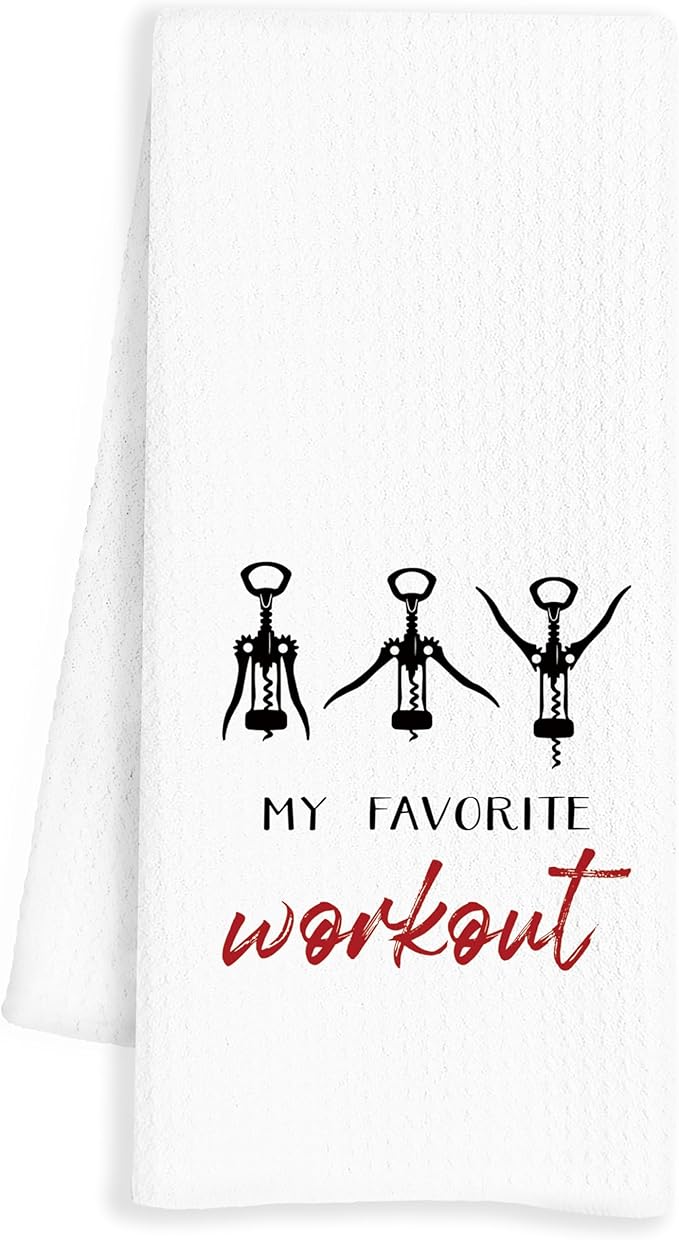 Funny Wine Kitchen Towels, Funny Hand Dish Tea Towels for Home Kitchen Bar Cart Decor, Bar Towel Gifts for Bartenders, My Favorite Workout, 16x24 Inch