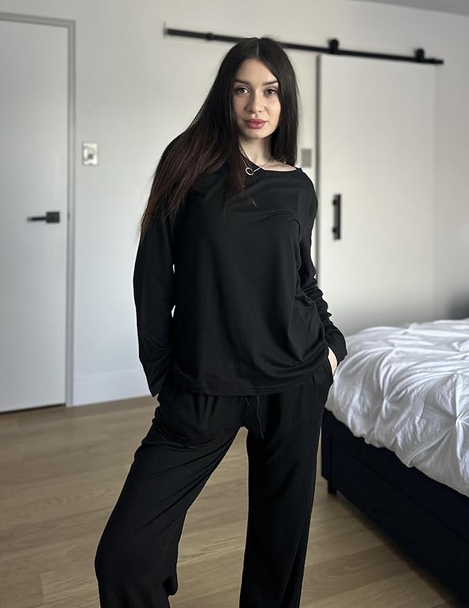 Ekouaer Womens 2 Pack Pajama Set Long Sleeve Pajamas Top and Pants V Neck Pjs Set Soft Loungewear with Pockets