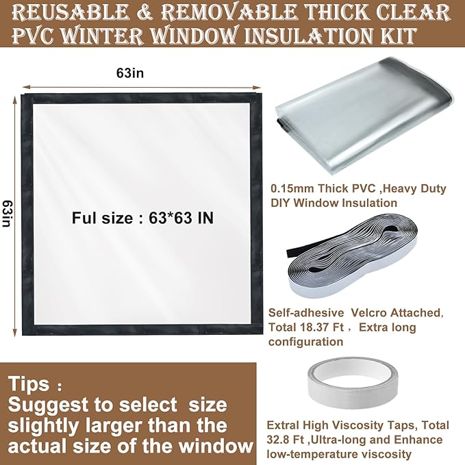 Window Insulation Kit for Winter Adjustable Plastic Insulated Window Cover Sealer Reusable Thermal Thicken Clear Insulation Wrap Transparent Film with Hook and Loop Tape for Winterizing 63'' x 63''