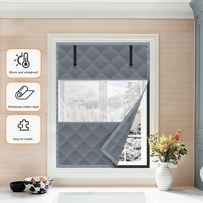 Winter Visible Insulated Window Curtain 47"x63", Oxford Cloth Thermal Insulated Window Cover with Buckles,Heavy Duty Window Insulation Kit Fits Windows up to 46"x62",Grey