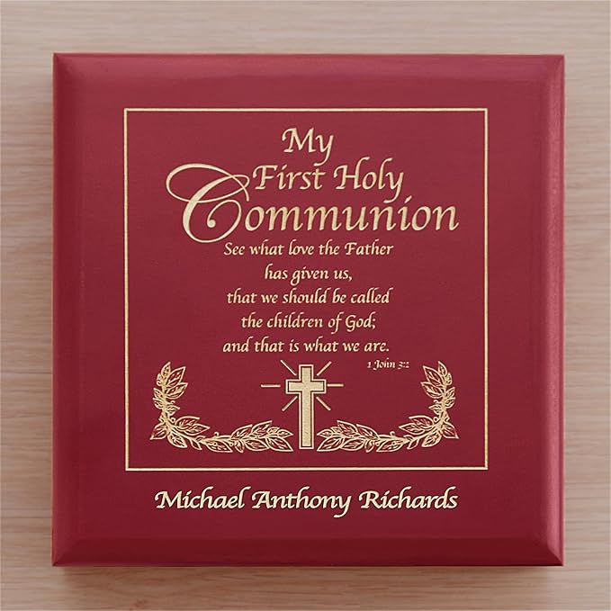 Let's Make Memories Personalized Communion Keepsake Box - Scripture - Sacrament - Religious Keepsake - First Communion - Natural Wood - Cherry Finish - Inspirational Verse - 6.75”Lx6.75”W