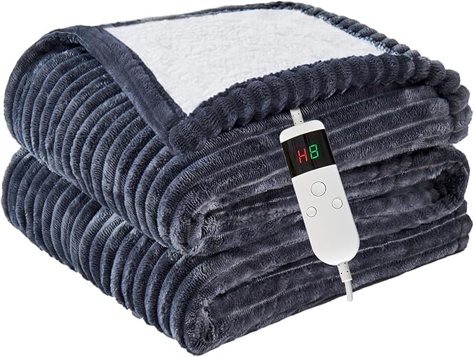 Heated Blanket Electric Full, Soft Flannel Heating Blanket with 8 Hours Auto Off 10 Fast Heating Levels Machine Washable Sherpa Heated Blanket with Overheating Protection