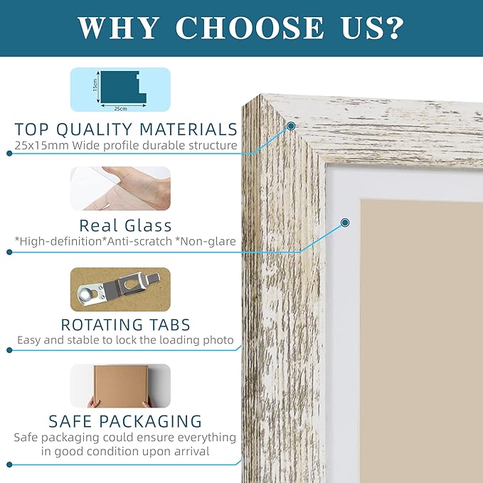 8x8 Picture Frames Set of 4, Made of Glass and Distressed White Wooden Frame - Display Picture 6x6 with Mat or 8 x 8 Without Mat, 8 by 8 Photo for Wall or Tabletop