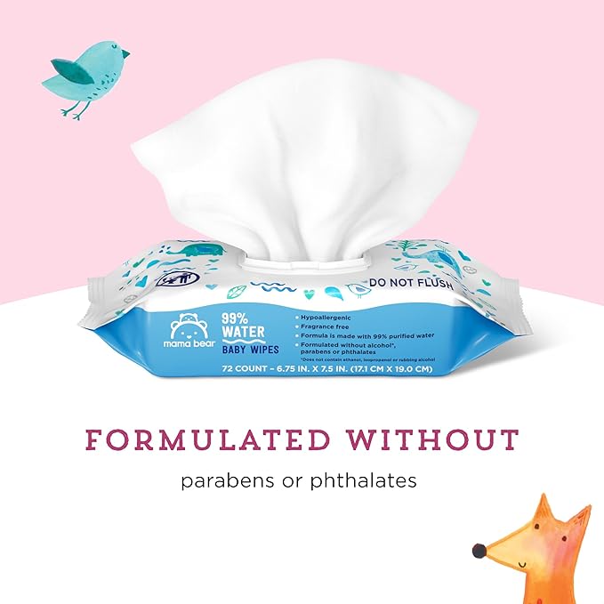 Amazon Brand - Mama Bear 99% Water Baby Wipes, Hypoallergenic, Fragrance Free, 72 Count