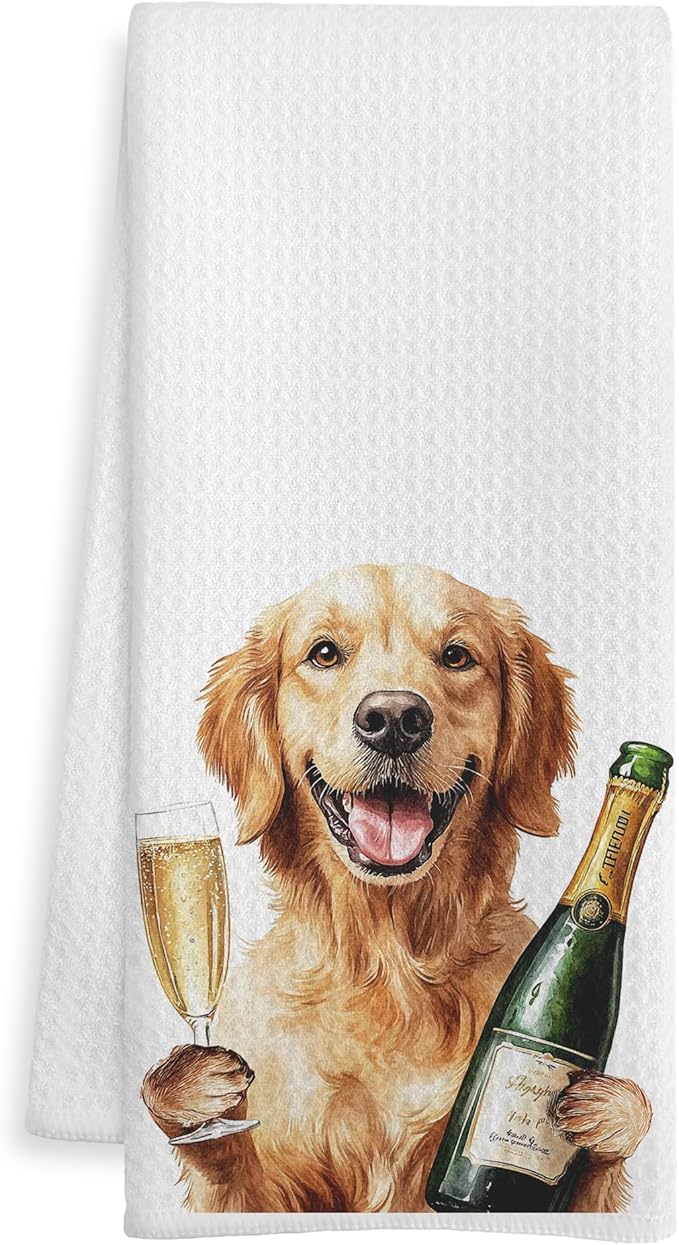Golden Retriever Gifts Kitchen Bar Towels, Dog Lover Gifts Dish Tea Towel, Funny Golden Retriever with Champagne Decorative Hand Towels for Kitchen Bar Cart Decor, 16x24 Inch