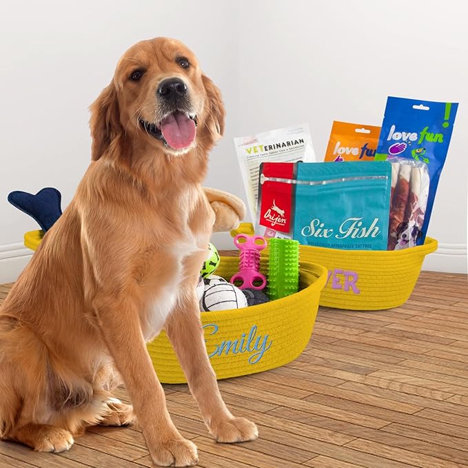 HUTARIO Personalized Yellow Basket Embroidered Name with Gift Bags and Ribbons,Small Rope Woven Baske Empty，Durable Storage Custom Basket with Handles for Baby Showers or Birthday,12"×8"×5"