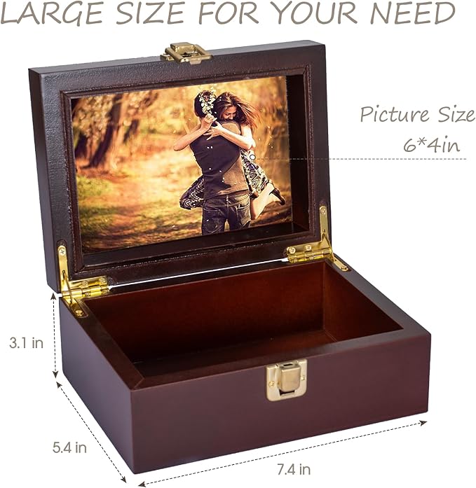 Small Wooden Memory Keepsake Boxes With Hinged Lids and a photo frame inside the lid - Decorative Storage Box With a Hinge Lids For Picture Letter Time Capsule - Wooden Gift Boxes，3.1“*5.1”*7.1“