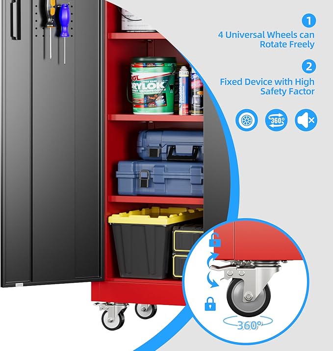 71" H Metal Garage Storage Cabinet with 5 Adjustable Shelves and Pegboard,Steel Storage Cabinet with Wheels for Garage Home Office Utility Room,Required Assembly, Red and Black