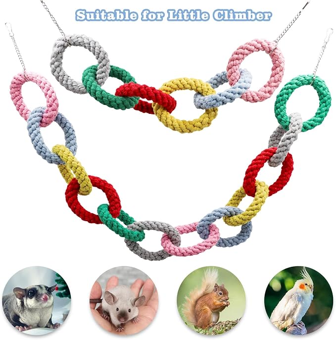 Sugar Glider Toys, Hanging Cotton Rope Ring Climbing Toy for Little Pet, Rat Toys, Sugar Glider Cage Accessories, Exercise Toys for Sugar Glider, Rat, Squirrel, Bird, Other Little Climber （Long）