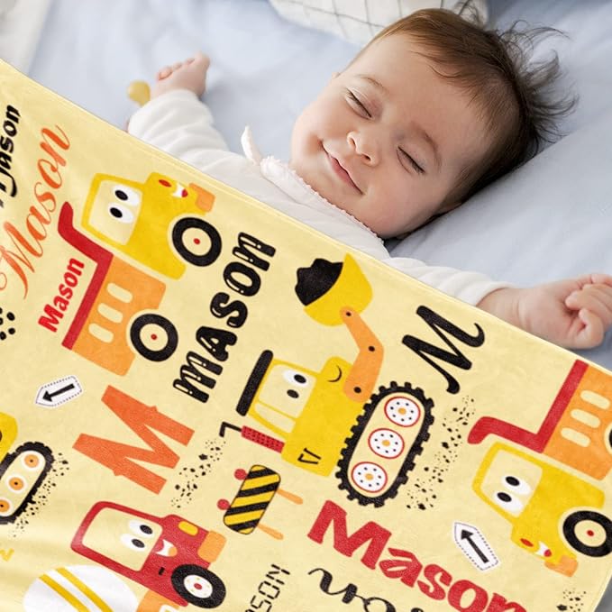 Personalized Construction Blanket for Boys Girls with Name, Custom Name Blanket Construction Vehicles, Soft Flannel Teen Blankets Customized Gift for Birthday Christmas-50x60in