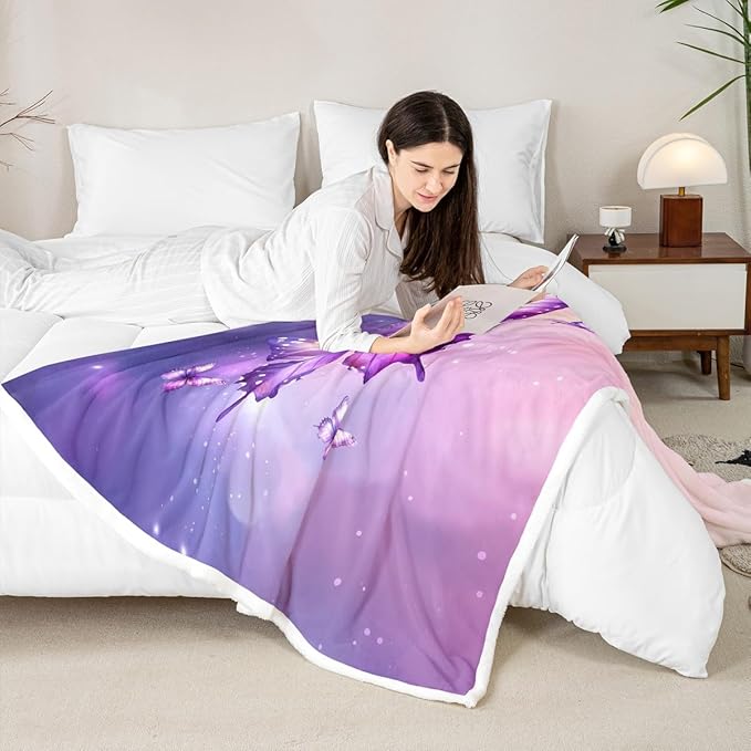Feelyou Girls Purple Fleece Throw Blanket Throw 50"x60" Kids Watercolor Butterfly Sherpa Blanket Plush Fuzzy for Bed Couch Chair Living Room, Cute Dreamy Bed Blanket Room Decor