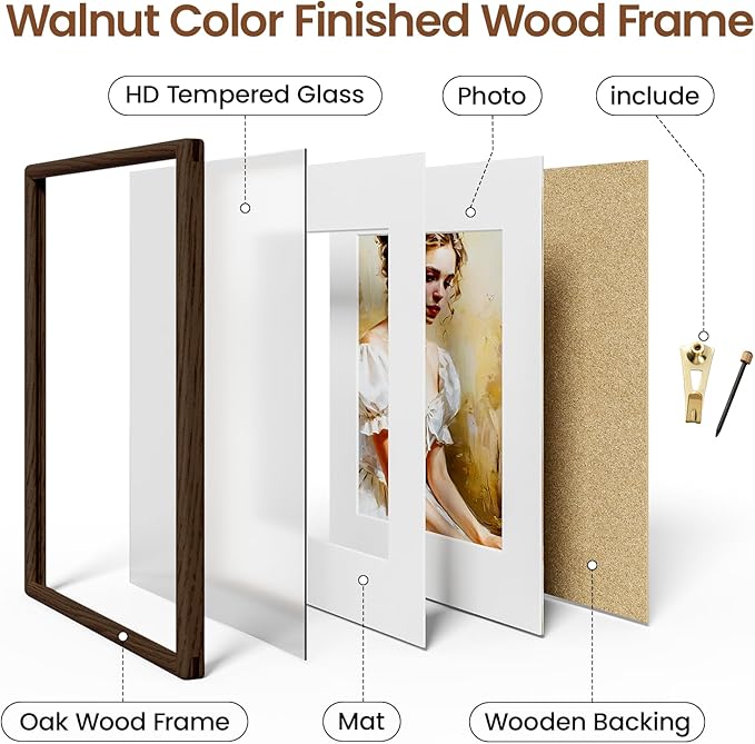 16x16 Picture Frame Natural Oak Wood From California-USA Walnut Color Finished Handcrafted 16 x 16 Photo Frame Matted to 12x12 Photo with Real Tempered Glass,for Family,Graduation Display Table & Wall