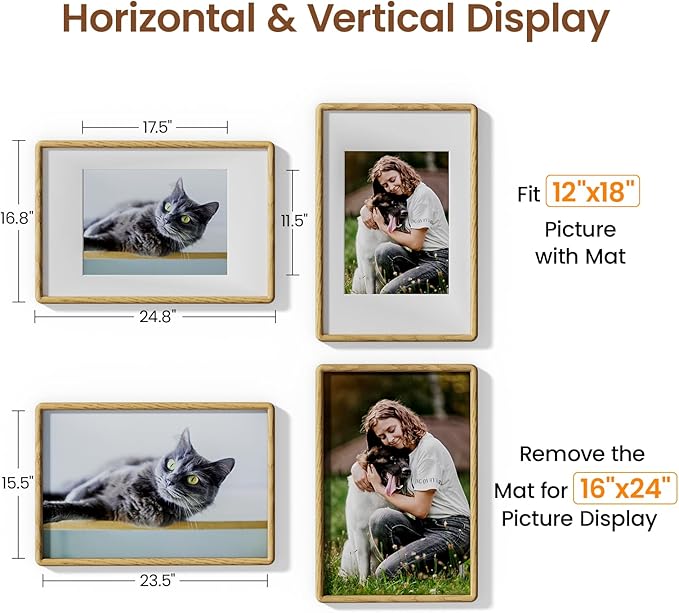 16x24 Picture Frame Natural Oak Wood From California-USA with Real Tempered Glass, Handcrafted 16 x 24 Poster Frame Matted to 12x18 Wedding Photo,Family Picture,Graduation Picture Display on Wall
