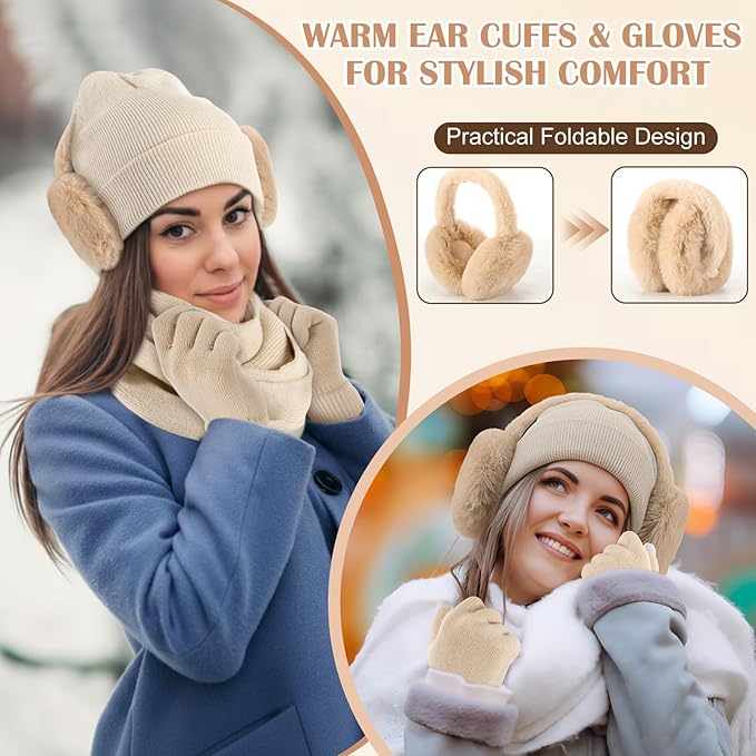 Geyoga 6 Pcs Women Winter Beanie Hat Scarf Gloves Ear Muffs Fuzzy Socks Set, Touchscreen Gloves for Thermal Gift Cold Weather