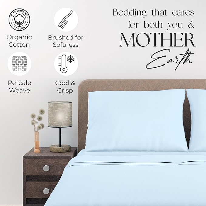 SUPREME ELEGANCE Organic 100% Cotton Twin XL Bed Sheet Set – Sky Blue Crisp Percale Bedding Sheets, Deep Pocket up to 16” – Lightweight, Breathable & Naturally Cooling – College Dorm, Soft & Comfy