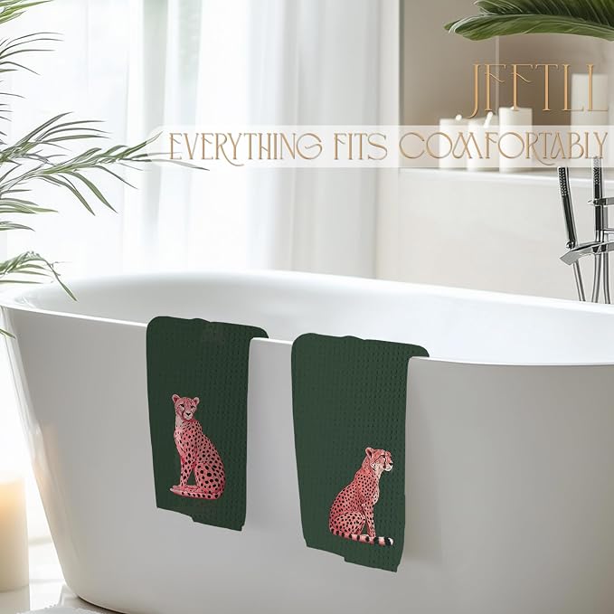 Trendy Preppy Pink Cute Leopard Kitchen Towels, Funky Retro Green Cheetah Print Decorative Dish Tea Towels for Kitchen, Girly Aesthetic Hand Towel for Bathroom Decor, 16x24 Inch Set of 2