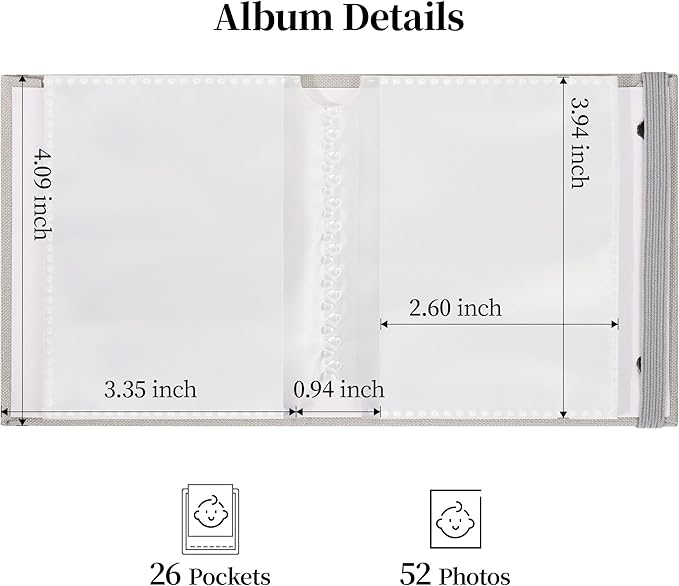 Vienrose Polaroid Photo Album Binding Cloth Photo Book for Instax Fuji 2 x3 Inch Photo Fits Fujifilm Mini 12 11 9 Snap PIC-300 52 Pockets 1 Pack, Grey