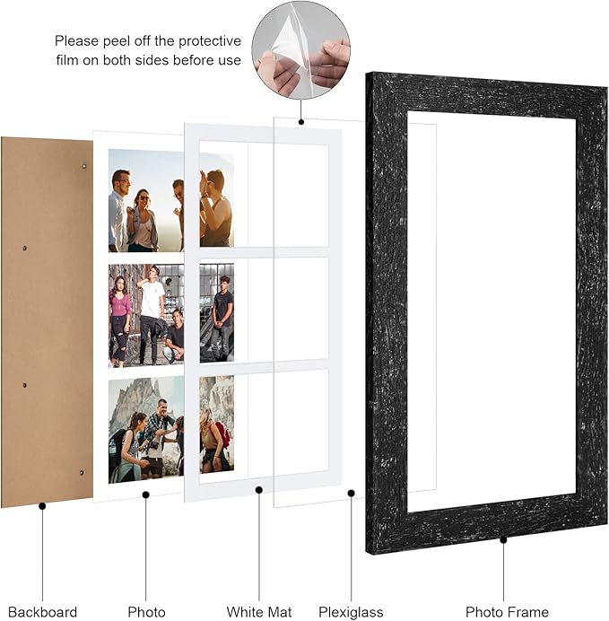 8x16 Picture Frame Display 3 opening Picture Frame 5x7 Collage,Multi Photo Frame with Mat,Plexiglass,Horizontal and Vertical Formats for Wall Decor,Black Wood Grain