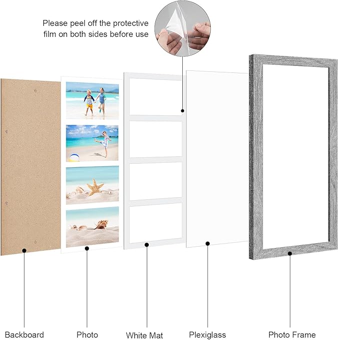 7x17 Collage frame with 4 Openings 4X6 Pictures, Multiple Picture Frame with Mat, Wall or Tabletop Decor, Grey Wood Grain,2 Pack