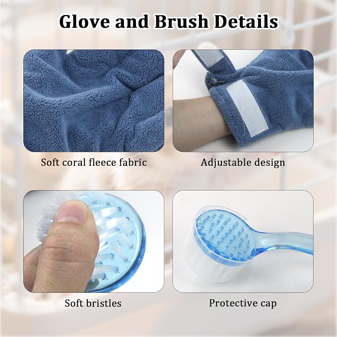 1 Pcs Hamster Bite Proof Glove and Grooming Brush Set, Adjustable Hamster Glove, Lid Soft Cleansing Brush Massage Combs, Guinea Pig Brush, Hamster Care Set for Hamsters, Ferrets, Hedgehogs (Blue)