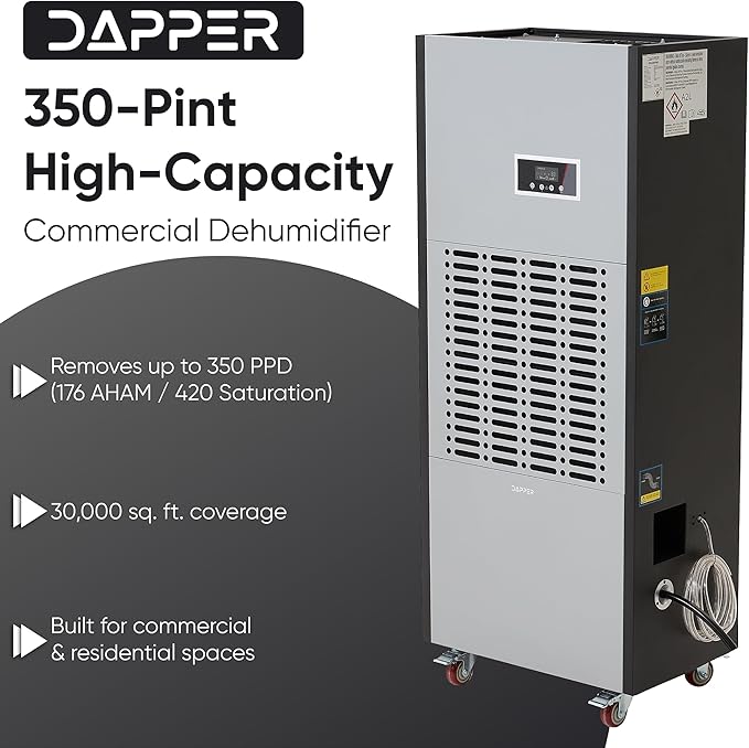 350 Pints Commercial Dehumidifier for Basements & Industrial Spaces – Built-In Pump, Drain Hose, Continuous Operation, 2-Speed Fan, 30000 Sq Ft Coverage