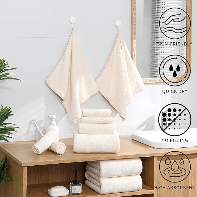 Ultra Soft Bath Towel Set,12 Piece (4 Bath Towels,4 Hand Towels,4 Washcloths) Family Bathroom Towel Set with Hanging Loops,Quick Dry Extra Absorbent Fluffy Shower Towel for Bathroom,Hotel,Spa-Beige
